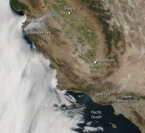 A satellite image released by NASA on July 25, 2016, showed what two major fires burning in California looked like from space. 
