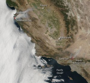 A satellite image released by NASA on July 25, 2016, showed what two major fires burning in California looked like from space.
