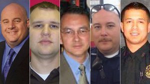 Dallas police Senior Cpl. Lorne Ahrens, Officer Michael Krol, Sgt. Michael Smith, DART Officer Brent Thompson, and Officer Patrick Zamarripa are shown left to right in photos posted by the National Law Enforcement Officers Memorial Fund.