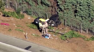 Two people were killed in a rollover crash on the 605 Freeway on July 22, 2016. (Credit: KTLA)