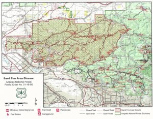 The Sand Fire burn area subject to a closure order is shown in a map issued by the U.S. Forest Service on July 27, 2016.