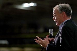 Democratic vice presidential nominee U.S. Sen Tim Kaine speaks during a campaign rally with democratic presidential nominee former Secretary of State Hillary Clinton at K'Nex, a toy company, on July 29, 2016, in Hatfield, Pennsylvania. (Credit: Justin Sullivan/Getty Images)