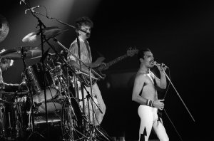 A file picture taken in September 1984 shows rock star Freddie Mercury, lead singer of the rock group Queen, during a concert at the Palais Omnisports de Paris Bercy. Mercury, who wrote "We Are the Champions," died in 1991. (Credit: Coutausse/AFP/Getty Images)