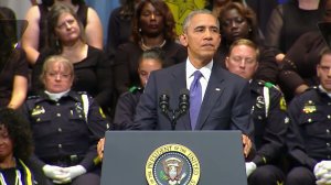 President Barack Obama speaks at a memorial service for five officers killed in Dallas on July 12, 2016.