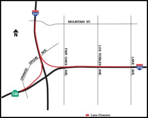 A Caltrans map shows closures on the westbound 210 Freeway in red.