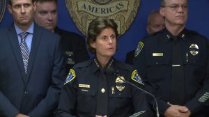 San Diego Police Department Chief Shelley Zimmerman speaks at a news conference on the shooting of two officers on July 29, 2016. (Credit: KSWB)