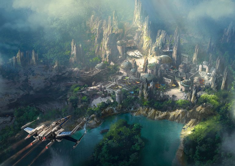 The latest artist rendition of the "Star Wars" land that is under construction in Disneyland shows the Millennium Falcon in a prominent position. (Credit: Walt Disney Co.)