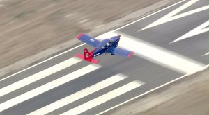 As seen from Sky5, Isaiah Cooper takes off from Compton airport on July 5, 2016. (Credit: KTLA)