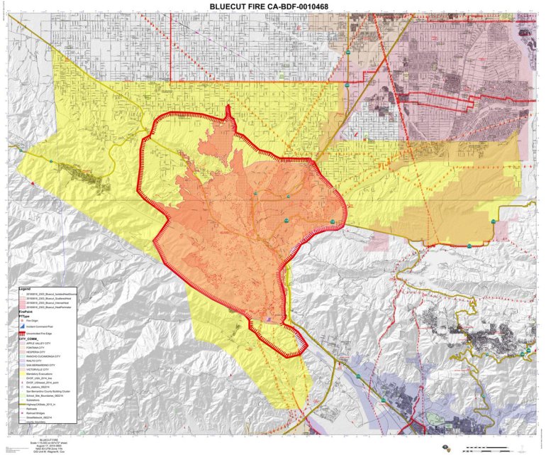 A map tweeted out by San Bernardino County Supervisor Janice Rutherford shows the Blue Cut Fire as of the morning of Aug. 17, 2016.