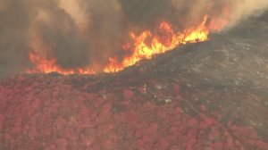 Flames rage near where a plane made a retardant drop on the Bogart Fire that burned near Beaumont on Aug. 30, 2016 (Credit KTLA)