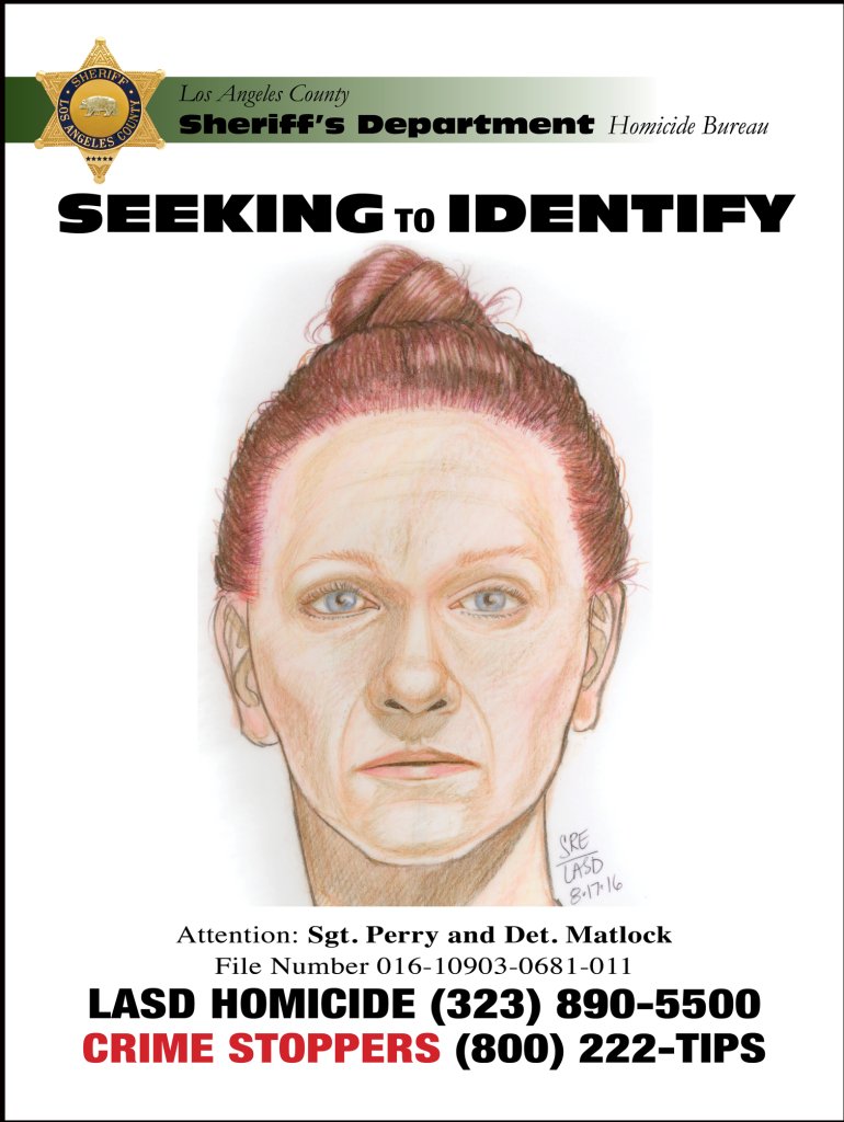 An LASD flier released Aug. 18, 2016, shows a sketch of a woman whose body was found near Gorman. 