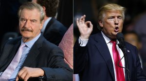 Former Mexican president Vicente Fox, left, is seen before the start of the Congressional Gold Medal presentation ceremony on April 17, 2013 in the Rotunda of the US Capitol in Washington, DC. Republican Presidential nominee Donald Trump, right, speaks to the crowd at a rally at the Mississippi Coliseum on August 24, 2016 in Jackson, Mississippi. (Credits: MANDEL NGAN/AFP/Getty Images / Jonathan Bachman/Getty Images)