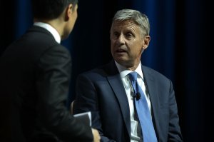 Libertarian presidential nominee Gary Johnson speaks to moderator Richard Lui of MSNBC during a 2016 Presidential Election Forum, hosted by Asian and Pacific Islander American Vote (APIAVote) and Asian American Journalists Association (AAJA), at The Colosseum at Caesars Palace Aug. 12, 2016, in Las Vegas, Nevada. (Credit: Alex Wong/Getty Images)