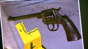 A handgun recovered from the scene of an officer-involved shooting was displayed by the Los Angeles Police Department during a news conference on Aug. 10, 2016. (Credit: KTLA)