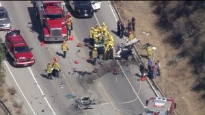 Rescuers responded to the scene of a violent head-on collision on La Tuna Canyon Road in Shadow Hills on Aug. 12, 2016. (Credit: KTLA)