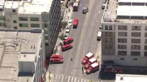 LAFD responds to a report of some 18 people being taken ill in the Skid Row area on Aug. 19, 2016. (Credit: KTLA)
