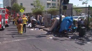 Firefighters respond to a multipatient incident attributed to spice use in Skid Row on Aug. 22, 2016. (Credit: KTLA)