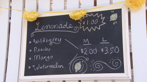 A sign shows the different flavors offered at Anabelle Lockwood's lemonade stand. (Credit: KTLA)