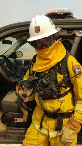 Battalion Chief Mike Mohler is shown with a dog he rescued from the Blue Cut Fire in a photo posted to Facebook by the Cal Fire San Bernardino/Inyo/Mono Unit on Aug. 17, 2016.