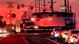 A Metrolink train crosses the intersection of Rosecrans and Marquardt avenues in Santa Fe Springs, where an overpass will be built to prevent collisions between trains, cars and pedestrians. (Credit: Wally Skalij / Los Angeles Times)