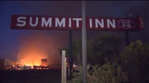 The out-of-control Blue Cut Fire destroyed the landmark Summit Inn Restaurant in Oak Hills on Aug. 16, 2016. (Credit: KTLA)