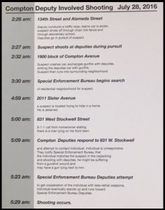 A timeline displayed at a sheriff's news conference details a fatal deputy-involved shooting that occurred in Compton on July 28, 2016. 