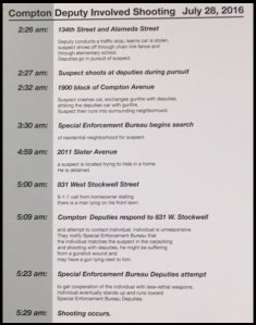 A timeline displayed at a sheriff's news conference details a fatal deputy-involved shooting that occurred in Compton on July 28, 2016.