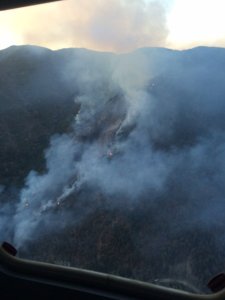 An aerial photo of a 125-acre brush fire burning in the Trabuco Canyon area of the Cleveland National Forest was released by the OCFA on Aug. 21, 2016. (Credit: Orange County Fire Authority.)