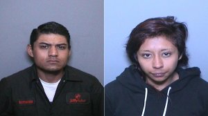 Armando Raul Hernandez-Perez, of Aliso Viejo, left, and April Noemi Lopez-Fabian are seen in booking photos released by the California Highway Patrol.