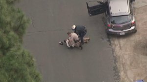 A man was forcibly taken into custody by CHP officers after a short pursuit from Newhall to Sun Valley on Sept. 13, 2016. (Credit: KTLA)