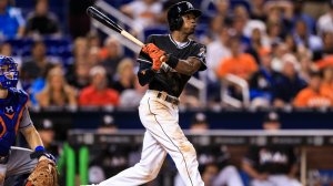 Dee Gordon of the Miami Marlins at bat during the game against the New York Mets at Marlins Park on September 26, 2016 in Miami, Florida. Dee, a left handed batter, hit his first career home run on the second pitch of the game. (Credit Rob Foldy/Getty Images)