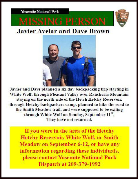 The National Park Service's Investigative Services Branch released this flier on the search for two missing Fullerton firefighters on Sept. 13, 2016.