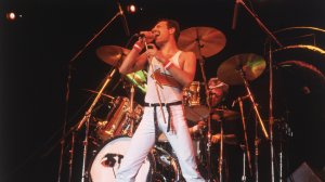 Freddie Mercury lead singer of 70s hard rock quartet Queen, in concert in Milton Keynes in June 1982.  (Credit Hulton Archive/Getty Images)