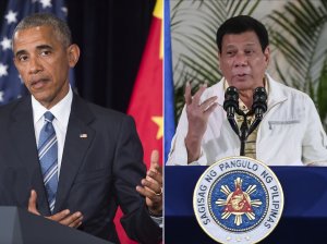 On Sept. 5, 2016, U.S. President Barack Obama, left, speaks during a press conference following the conclusion of the G20 summit in Hangzhou, China, and at right, Philippine President Rodrigo Duterte speaks during a press conference in Davao City, the Philippines, prior to his departure for Laos to attend the ASEAN summit. (Credit: SAUL LOEB,MANMAN DEJETO/AFP/Getty Images)