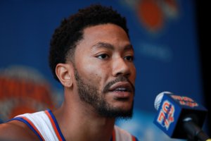 Derrick Rose addresses the media during the New York Knicks Media Day at the Ritz Carlton on Sept. 26, 2016 in White Plains, New York. (Credit: Michael Reaves/Getty Images)