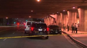 Authorities investigate a fatal stabbing on a Metro Green Line platform in South Los Angeles on Sept. 2, 2016. (Credit: KTLA)