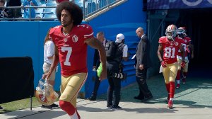 Colin Kaepernick takes the field to warm up against the Carolina Panthers at Bank of America Stadium on September 18, 2016 in Charlotte, North Carolina. (Credit: Grant Halverson/Getty Images)