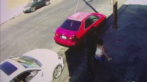 Surveillance video released by the LAPD shows a woman being dragged from a convenient store in Exposition Park on Sept. 28, 2016. 