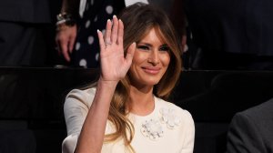 Melania Trump, wife of Republican presidential candidate Donald Trump, waves during the fourth day of the Republican National Convention on July 21, 2016 at the Quicken Loans Arena in Cleveland, Ohio. (Credit: Jeff Swensen/Getty Images)