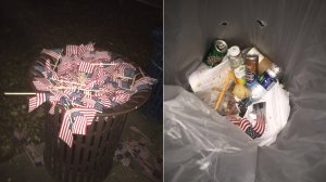 Photos from the Occidental College College Republican Club show flags meant to represent victims of the 9/11 terrorist attacks thrown in the trash. 