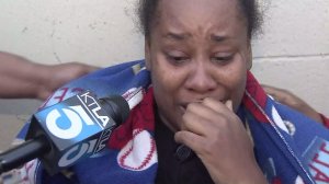 A few hours after Pasadena police responded to her home, Shainie Lindsay speaks about the death of the father of her children on Sept. 30, 2016. (Credit: KTLA)