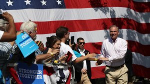 Democratic vice presidential nominee Tim Kaine greets supporters during a campaign rally with Democratic presidential nominee former Secretary of State Hillary Clinton at Luke Easter Park on September 5, 2016 in Cleveland, Ohio.  (Credit: Justin Sullivan/Getty Images)