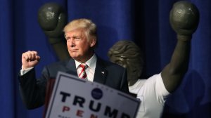Republican presidential nominee Donald Trump gestures to the crowd after speaking during a campaign rally at the Sun Center Studios Sept. 22, 2016 in Aston, Pennsylvania. (Credit: Mark Wilson/Getty Images)