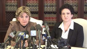 Gloria Allred, left, and Ann Russo address media at a press conference in Los Angeles on Oct. 16, 2016. (Credit: KTLA)