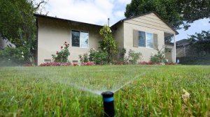 Sprinklers water the front lawn of a house on Zelzah Avenue in Encino earlier this year. (Credit: Michael Owen Baker/Los Angeles Times)