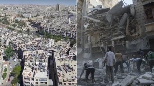 A screenshot of the Syrian Ministry of Tourism video posted to Facebook Sept. 29, 2016, is shown left, and Syrian civilians and rescuers at site of government forces air strikes in a rebel-held area of Aleppo on Sept. 27, 2016, right.
