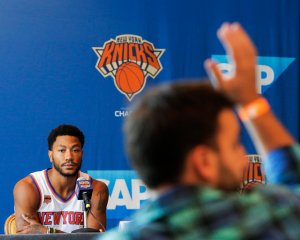 Derrick Rose waits for a reporter's question during a press conference at the New York Knicks Media Day on Sept. 26, 2016, in White Plains, New York. (Credit: EDUARDO MUNOZ ALVAREZ/AFP/Getty Images)