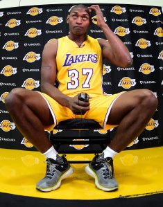 Metta World Peace of the Los Angeles Lakers sits for an interview during media day at Toyota Sports Center on Sept. 26, 2016 in El Segundo. (Credit: Harry How/Getty Images)