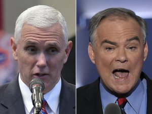 This combination of pictures created on October 3, 2016 shows Republican vice presidential nominee Mike Pence (L) and Democratic nominee for vice president Tim Kaine. (Credit: MANDEL NGAN,SAUL LOEB/AFP/Getty Images)