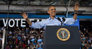 US President Barack Obama speaks at a campaign event for Democratic presidential candidate Hillary Clinton in Las Vegas on October 23, 2016. (Credit: NICHOLAS KAMM/AFP/Getty Images)